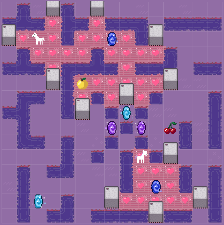 A lovebirds bonus round in enclose.horse showing the horse and unicorn on a purple-themed grid with hearts, portals, and bees